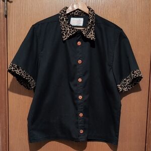 Black Shirt with Leopard Print Accents